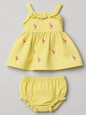 Starting out yellow and white Searsucker smocked dress and bloomer set flamingos